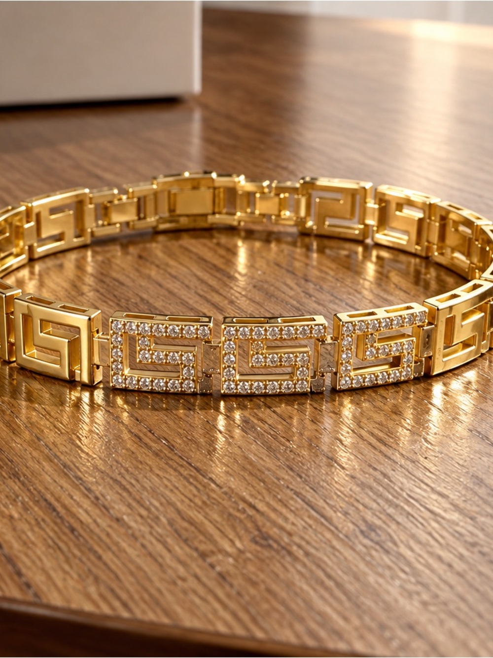 14K Gold Filled Greek Key Bracelet 3 Sparkling Links Adjustable 7-8”